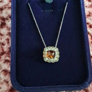 Cherry Citrine & Natural White Zircon Halo Pendant Necklace